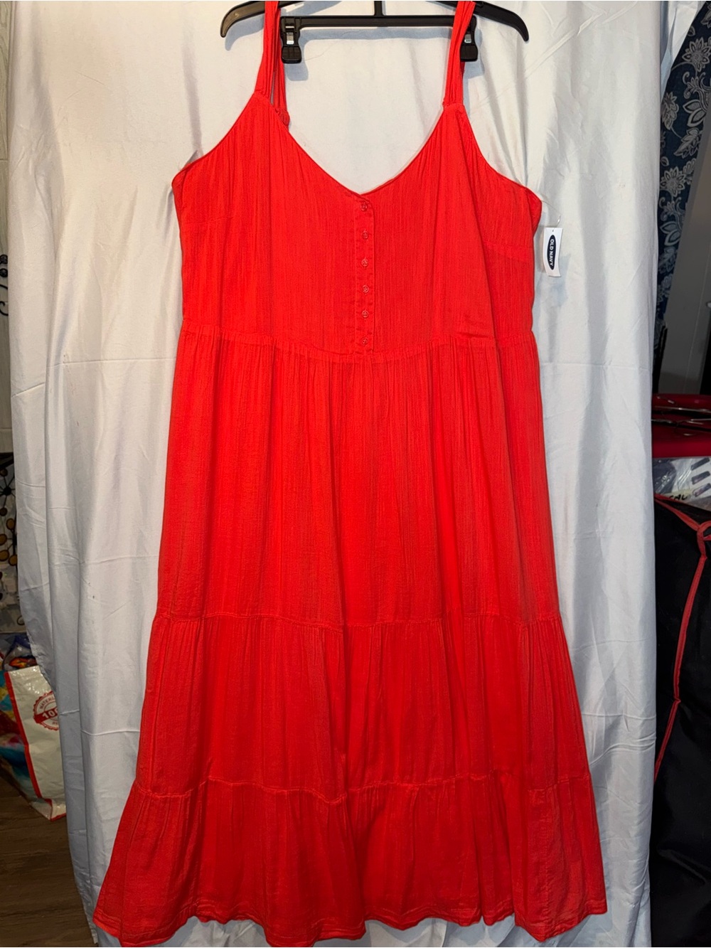 Old Navy Red Tiered Midi Dress with Button-Front